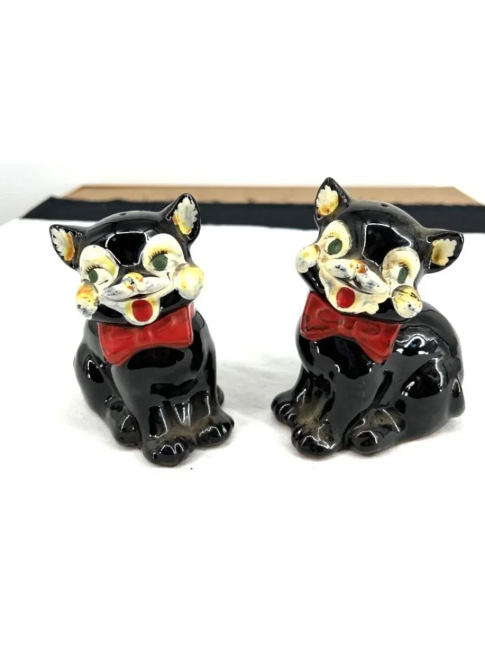 Black Cat Salt and Pepper Shakers Red Bows Ceramic Redware 4.75